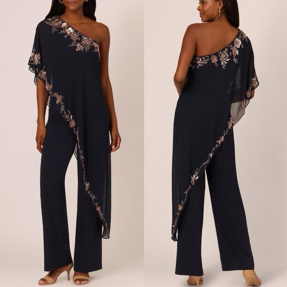 NWT ADRIANNA PAPELL Blue One Shoulder Sequin Trim Overlay Jumpsuit - Size 14